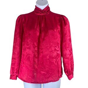 Vintage Blouse 12 Caribou Pink Button Mock Neck Long Sleeved Pleated Shoulders